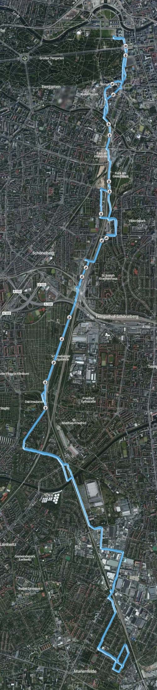 Karte mit der 30-km-Laufstrecke vom Berliner Süden zum Reichstag und zurück