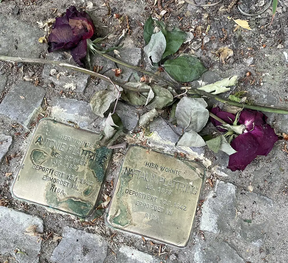 Zwei blank polierte Erinnerungs-Stolpersteine mit Rosen für Antonie und Naftalin Plattring