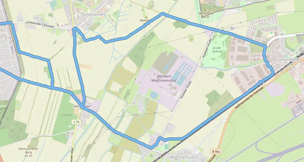 Karten-Detail der Strecke rund um das Klärwerk Waßmannsdorf